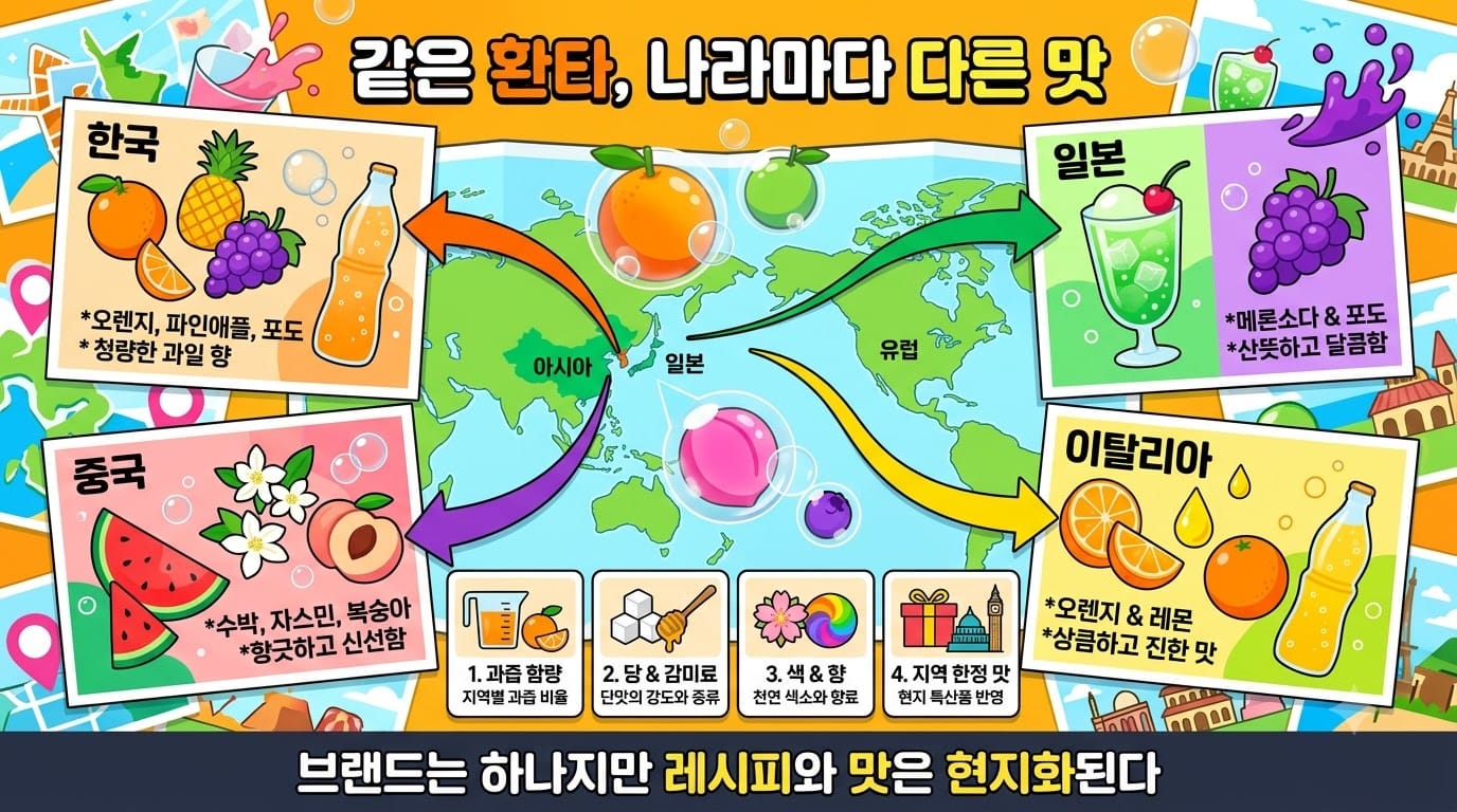 한국·일본·중국·이탈리아의 환타 맛과 원재료 차이를 과일 아이콘으로 보여주는 세계지도