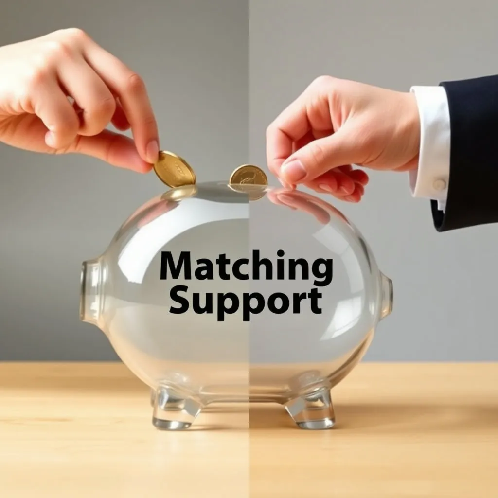 한쪽에서는 청년의 손이 동전을 저금통에 넣고, 다른 쪽에서는 정부를 상징하는 손이 같은 크기의 동전을 동시에 저금통에 넣어주는 모습을 표현합니다. 저금통에는 '매칭 지원'이라고 크게 쓰여 있습니다.
