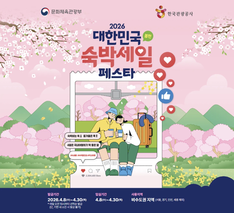 2026 대한민국 숙박세일 페스타 공식 포스터와 발급기간 입실기간 사용지역 안내 이미지 ❘ 출처: 한국관광공사