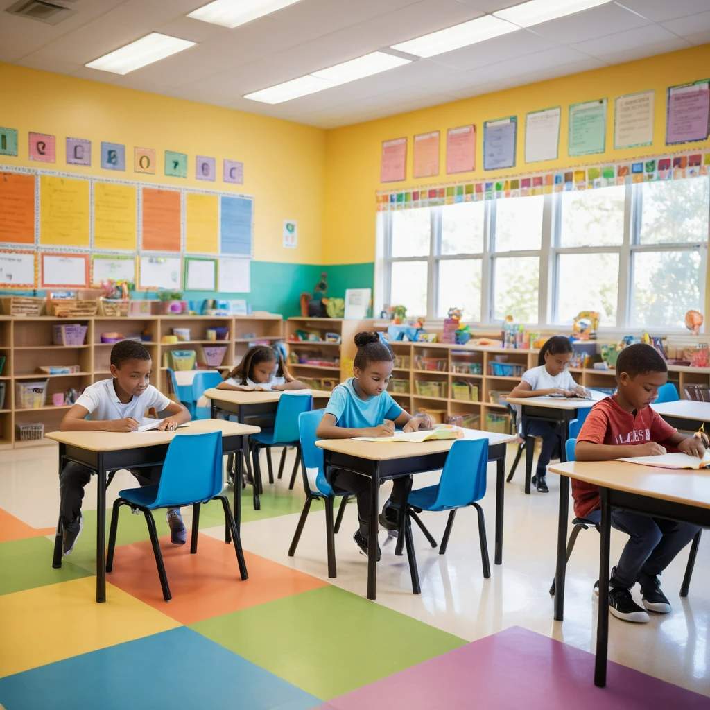 밝은 교실에서 책상에 앉아 공부하는 초등학생들. 다양한 학생들이 색색의 바닥과 벽 장식이 있는 교실에서 집중하고 있음