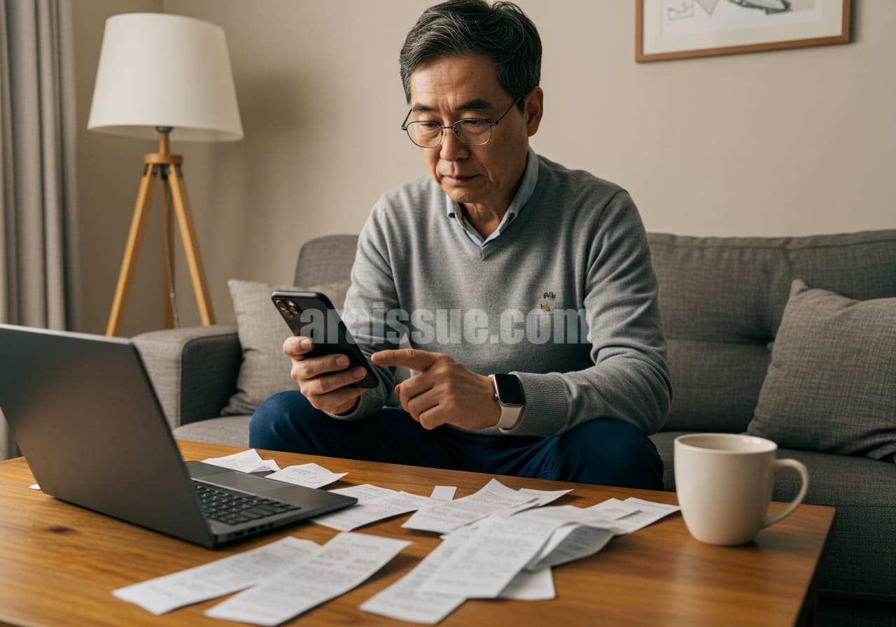 한국 중년 남성이 자택에서 건강보험금 청구를 위해 스마트폰과 노트북으로 서류를 제출하고 있는 장면. 주변에는 병원 영수증과 커피잔이 놓여 있으며, 일상적인 가정의 따뜻한 실내 환경이 배경을 채움.
