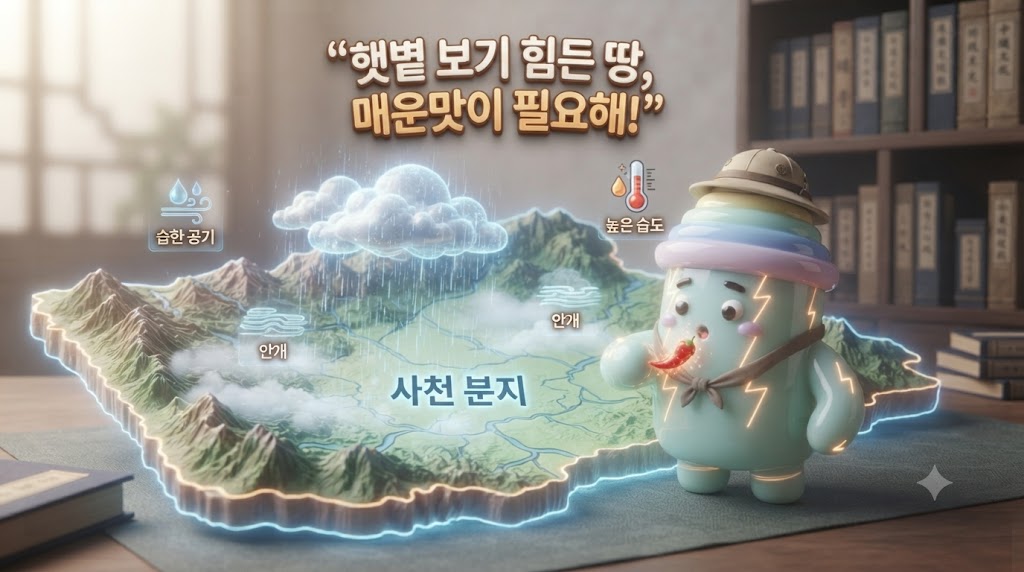 중국 사천(四川)의 거대한 분지 지형이 홀로그램으로 펼쳐져 있습니다. 3D 쫀쿠가 비가 많이 오고 여름이 길며 안개가 잦아 햇볕이 귀한 사천의 날씨를 설명하고 있습니다. 쫀쿠의 머리 위로는 비구름이 잔뜩 끼어 있고, 습하고 무더운 날씨에 지친 쫀쿠가 얼얼한 사천 고추를 먹고 힘을 내는 모습이 아기자기하게 표현됩니다.