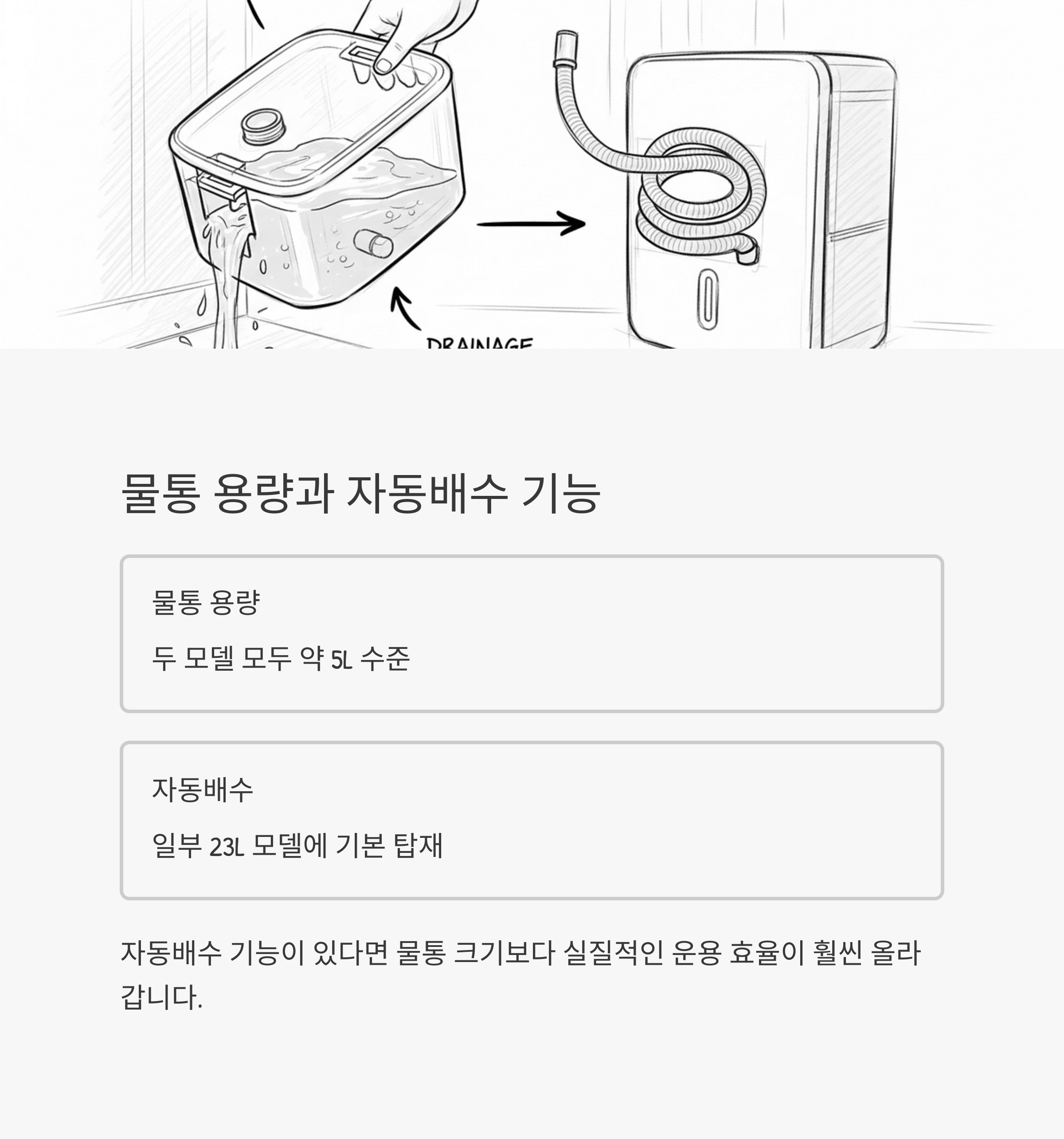 물통 용량과 자동배수 기능