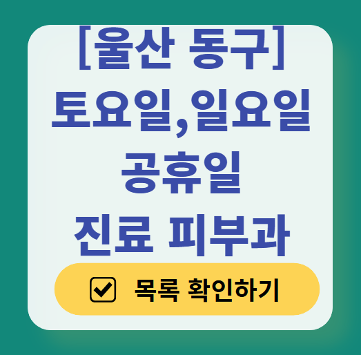 울산 동구 일요일 문 여는 피부과 목록 ❘ 토요일, 주말, 공휴일 영업 병원 (두드러기, 아토피, 습진, 피부염, 여드름 진료)