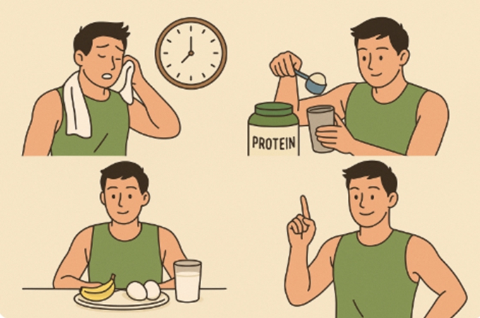 "운동 후 단백질 섭취 타이밍을 고민하는 네 명의 인물이 각기 다른 상황에서 단백질을 선택하는 장면"