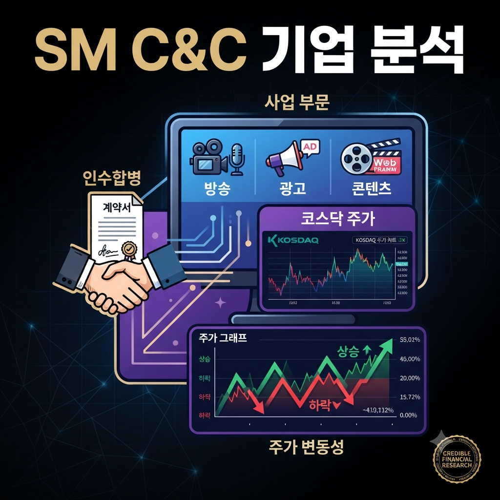 SM C&amp;C 매각 협상과 실적 흐름을 보여주는 주식 분석 이미지