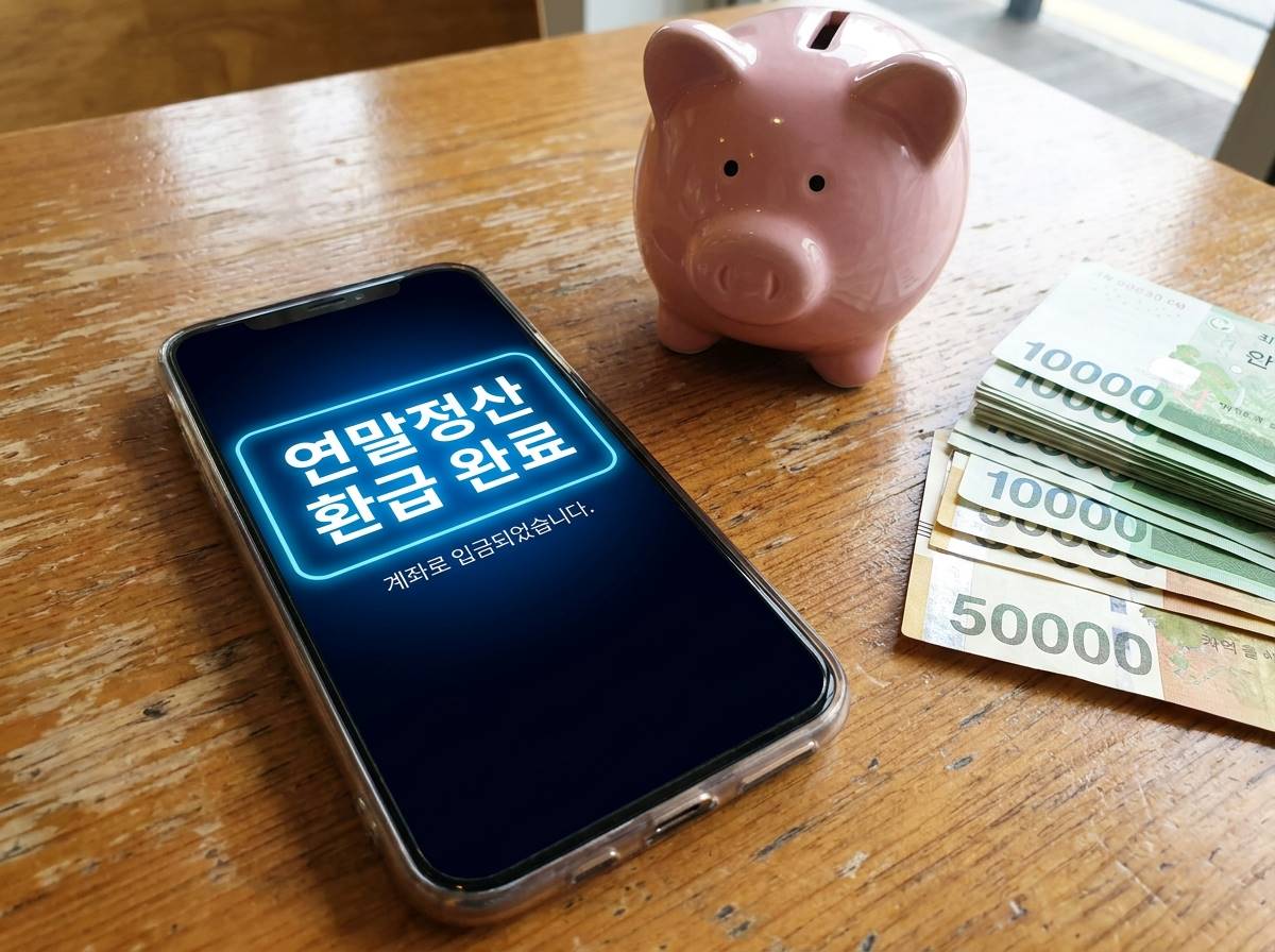 스마트폰 화면에 '연말정산 환급금 완료' 메시지가 떠 있고 옆에 저금통과 지폐가 쌓여 있는 모습