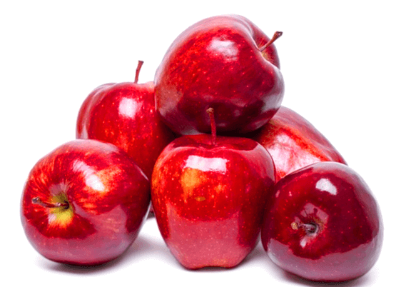 6개의 빨간 사과가 모여있다. 매우 크고 껍질이 매끄럽다.