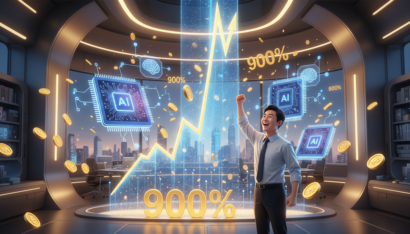 SK하이닉스 주가 급등과 HBM AI 반도체 기술력을 상징하는 화려한 3D 그래픽 차트