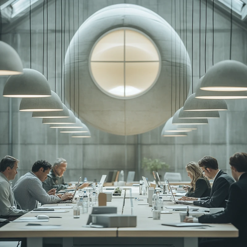 전문가들이 모여 2025년 KODEX ETF 투자 전략을 논의하는 현대적인 회의실, 협업과 미래 계획에 대한 진지한 분위기.