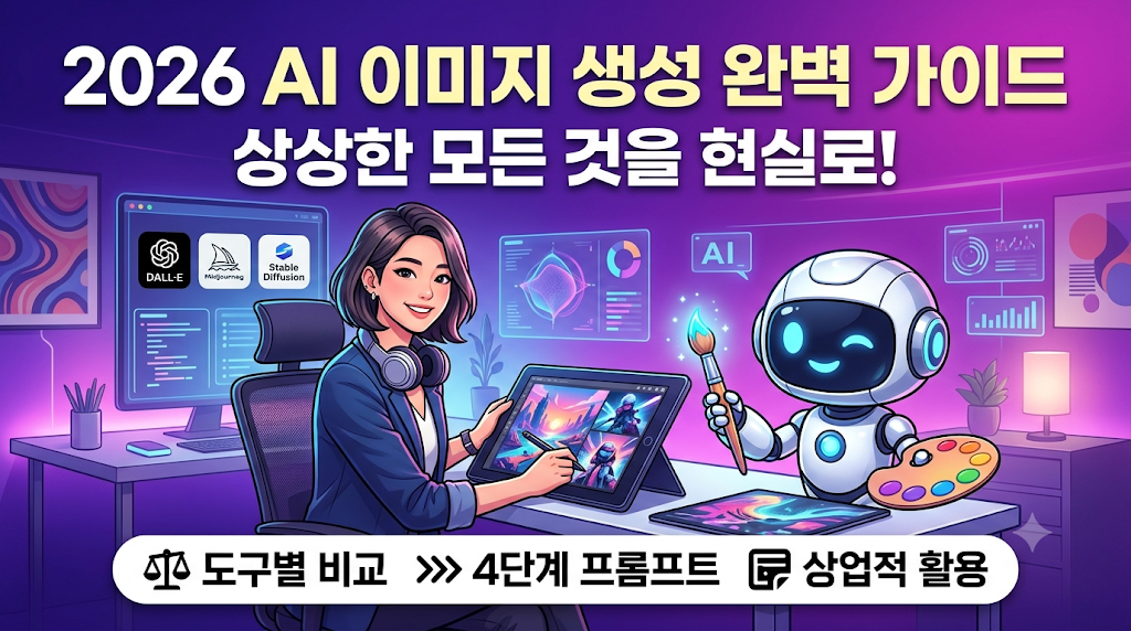 '2026 AI 이미지 생성 완벽 가이드'를 주제로, 태블릿과 스타일러스 펜을 든 여성 디지털 아티스트와 빛나는 붓과 팔레트를 든 귀여운 AI 로봇, 그리고 '도구별 비교, 4단계 프롬프트, 상업적 활용' 배너가 포함된 블로그 썸네일 이미지입니다.