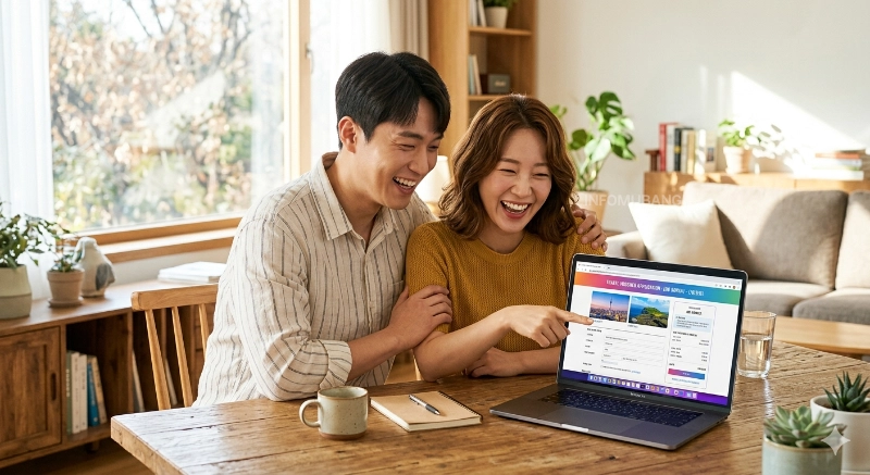 여행 바우처 신청하는 20대 부부