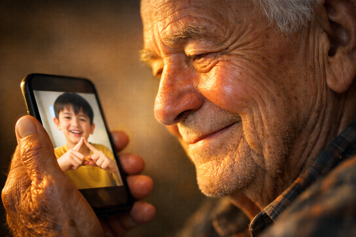 숏폼 교육 영상을 통해 보안 수칙을 습득하고 미소 짓는 노인
