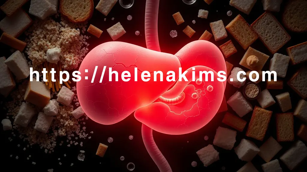 어두운 배경 중앙에 인체 췌장 이미지가 희미하게 빛나고, 그 위로 설탕 결정, 흰 빵, 패스트푸드 등 정제 탄수화물들이 압박하듯 무겁게 쌓여있는 모습.
췌장 표면에는 미세한 균열이 가거나 붉은색의 염증 기운이 은은하게 번지고, '위험 신호'를 알리는 듯한 미약한 깜빡이는 붉은빛이 췌장 내부에서 새어 나오는 이미지.