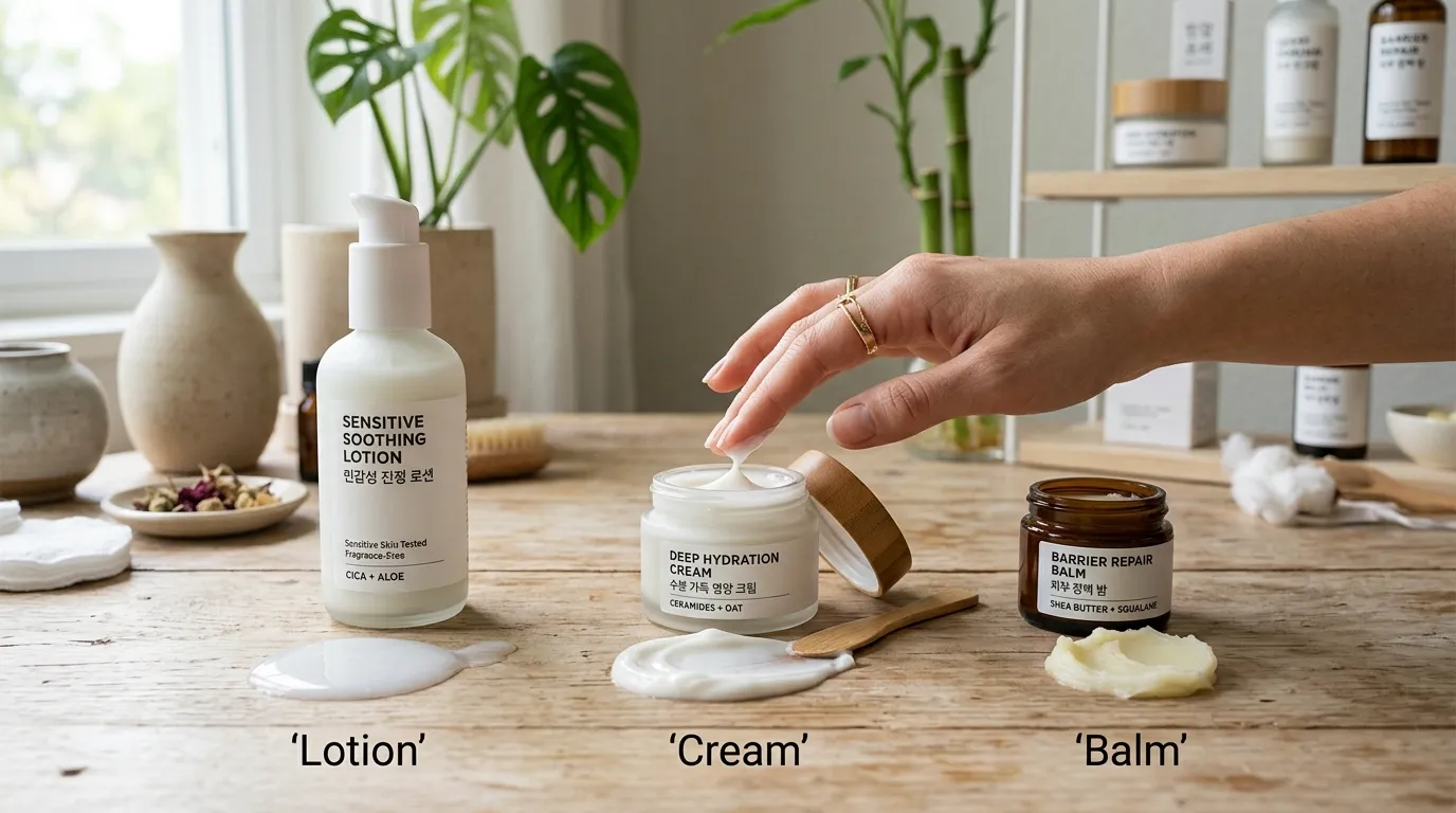 민감성 피부용 로션 크림 밤 제형을 비교하는 장면