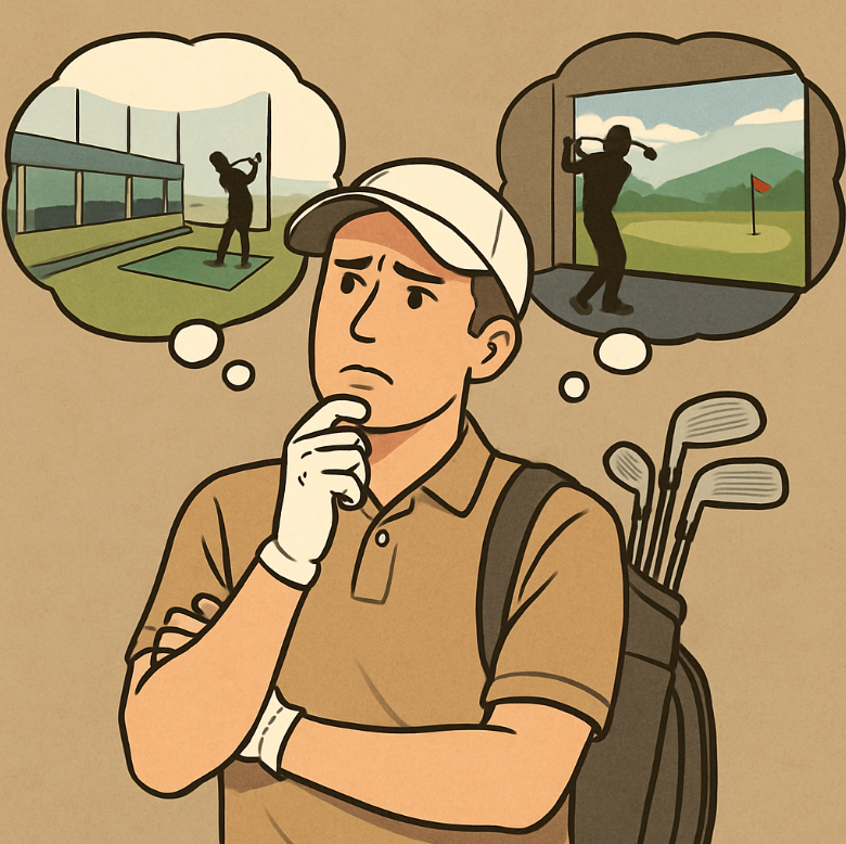 연습장과 스크린 골프 중 어디로 갈지 고민하는 모습