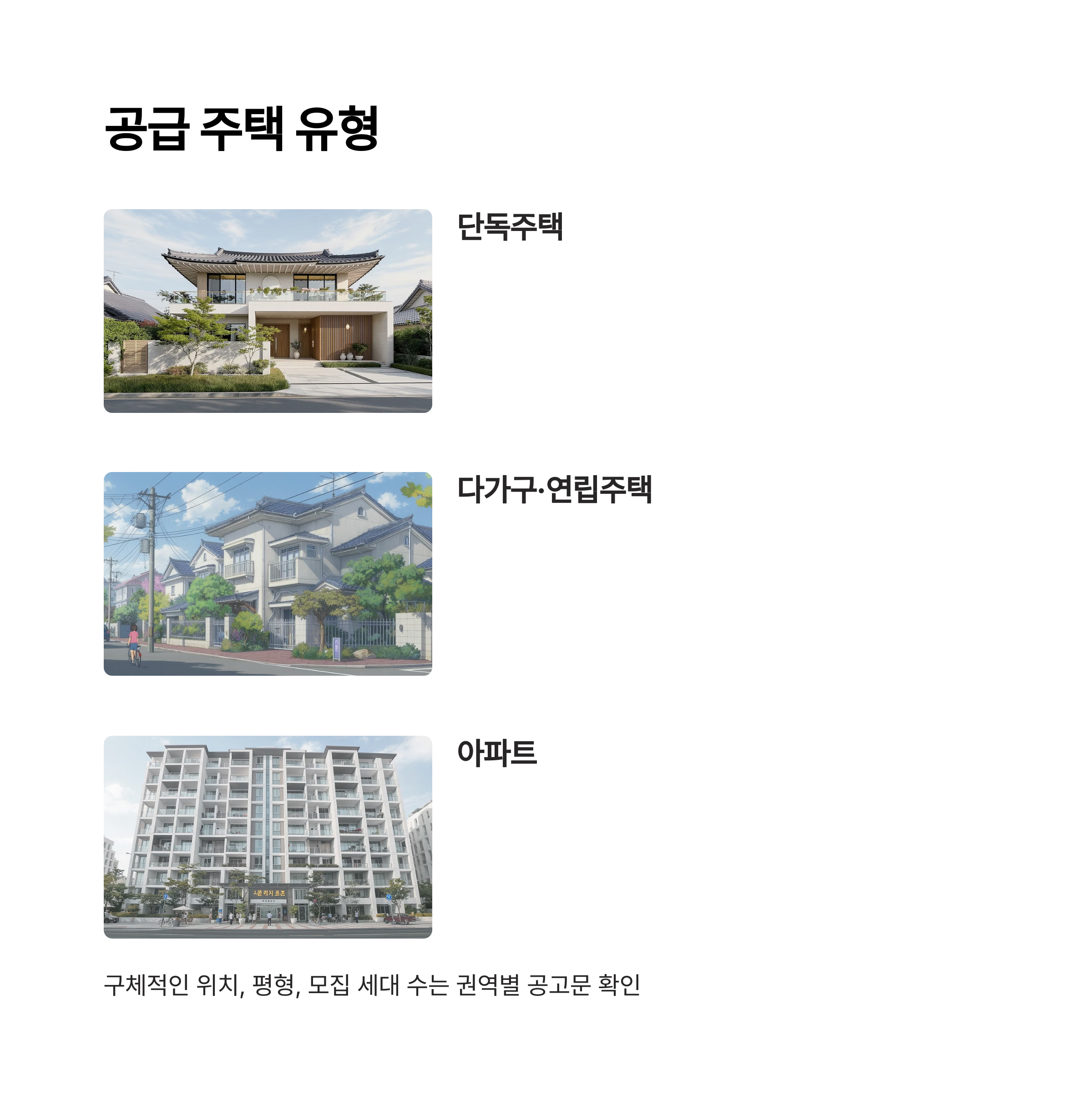 공급 주택 유형
단독주택
다가구·연립주택
아파트
구체적인 위치, 평형, 모집 세대 수는 권역별 공고문 확인