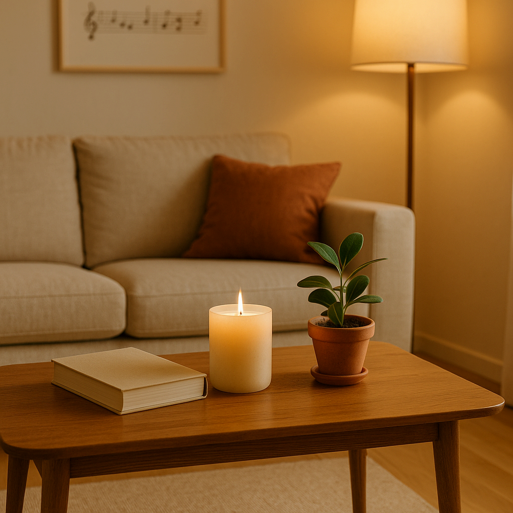 나무 테이블 위 향초와 식물이 어우러진 따뜻한 거실 인테리어