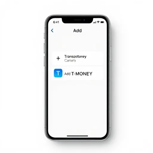 깔끔한 아이폰 화면에 'Wallet' 앱이 열려 있고, '+' 버튼을 눌러 교통카드 추가 옵션을 선택하는 장면을 보여줍니다. '티머니' 아이콘이 돋보이며 선택되는 인터페이스를 강조합니다. 배경은 현대적이고 깨끗한 느낌으로 설정해 주세요.