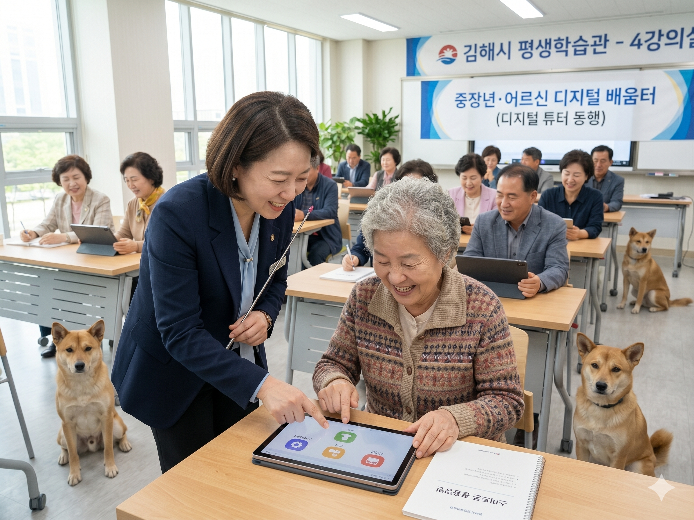 한국의 밝은 복지관 강의실에서 한국인 디지털 튜터가 어르신들에게 태블릿 PC 사용법을 친절하게 설명하는 모습