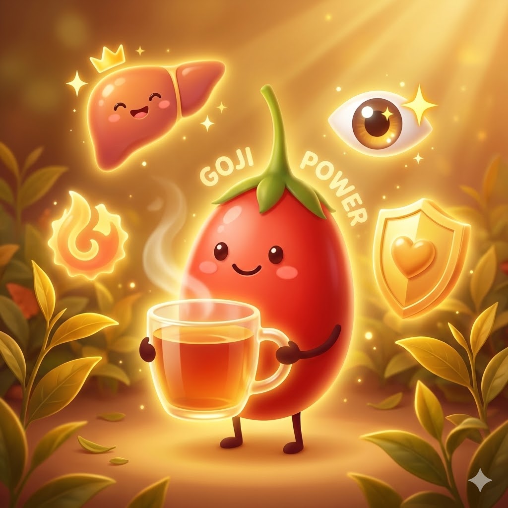 활기찬 구기자 캐릭터가 따뜻한 구기자차를 들고 있고, 간, 눈, 면역력 등 다양한 건강 효과를 나타내는 귀여운 상징들이 주변에 빛나고 있는 모습.