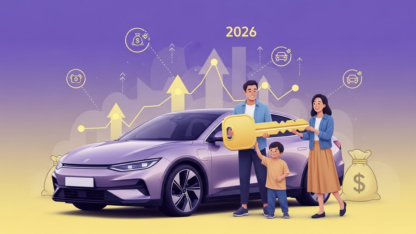 2026년 개별소비세 인하와 전기차 지원금 혜택으로 새 차를 구매하며 행복해하는 가족의 모습