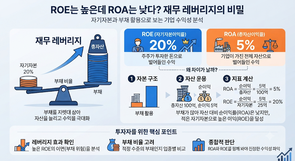 ROE가 높지만 ROA가 낮을 수 있는 이유를 설명하는 금융 인포그래픽