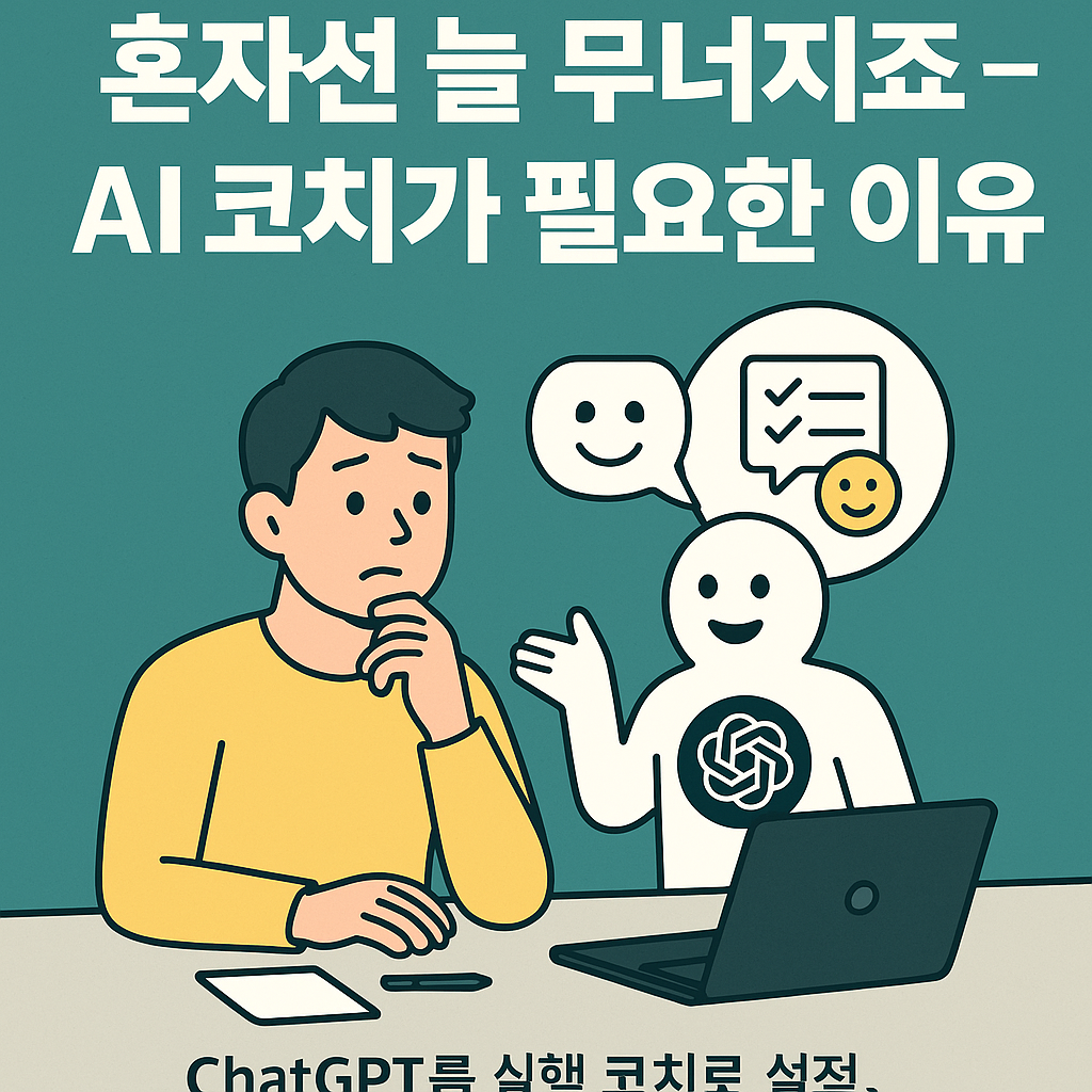 ChatGPT를 실행 루틴 코치로 활용하여 혼자 하는 루틴을 AI와 함께 실천하는 장면을 묘사한 일러스트 &ndash; 디지털 자기관리와 실행력 향상을 상징