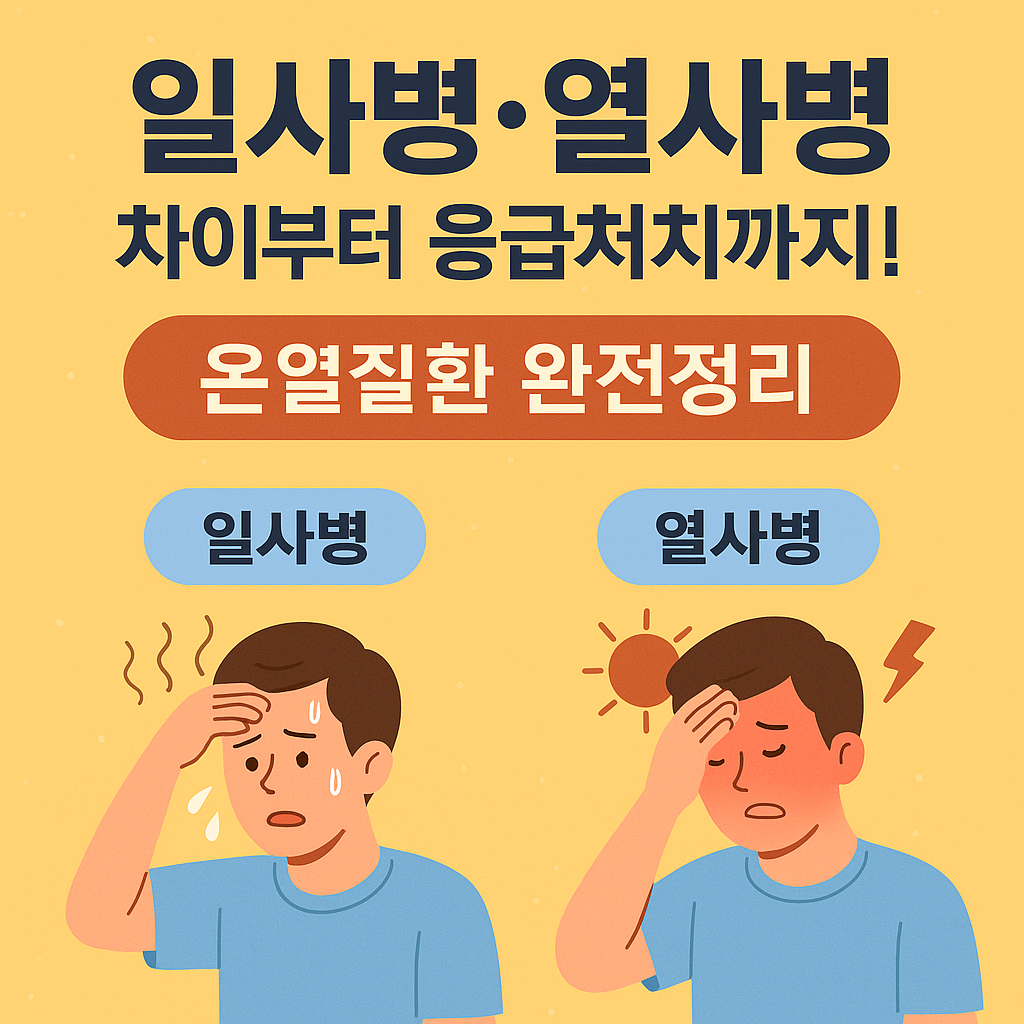 “노란 배경 위에 ‘일사병·열사병 차이부터 응급처치까지! 온열질환 완전정리’라는 제목이 굵은 글씨로 적혀 있고, 아래에는 일사병과 열사병에 걸린 남성 일러스트가 각각 땀을 흘리거나 얼굴이 붉게 달아오른 모습으로 표현되어 있음. 각각의 증상을 시각적으로 구분할 수 있게 구성된 인포그래픽 스타일 이미지.”