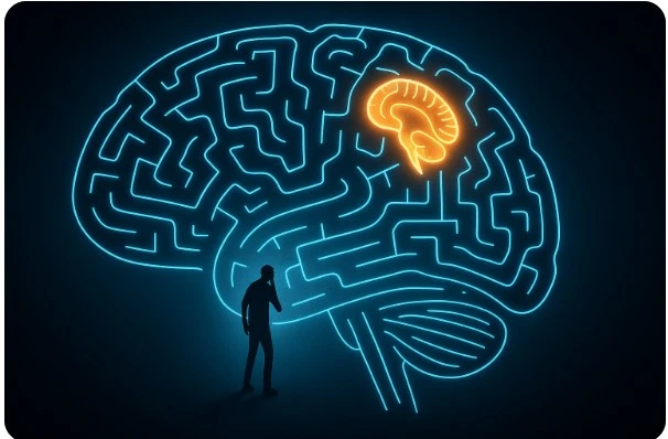 뇌 모양 미로 속에서 길을 찾는 사람과 빛나는 해마 부위