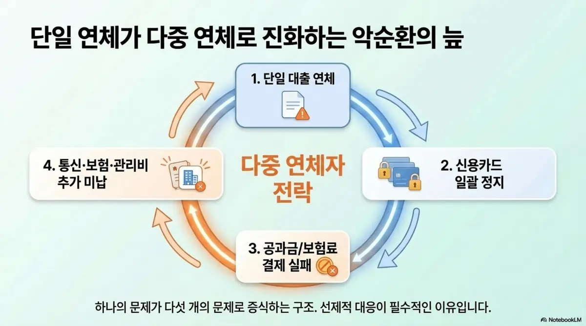 대출연체 카드정지: 단일 대출 연체가 신용카드 일괄 정지와 공과금 보험료 결제 실패를 거쳐 다중 연체자로 전락하는 악순환의 고리를 순환형 다이어그램으로 보여주는 인포그래픽 
