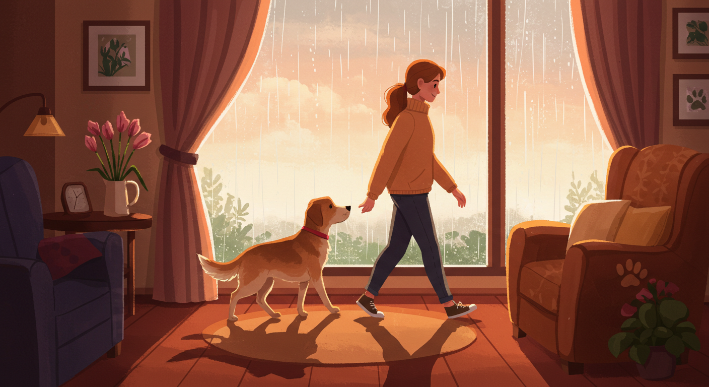 창밖 비 오는 날에도 실내에서 반려견과 함께하는 따뜻한 시간