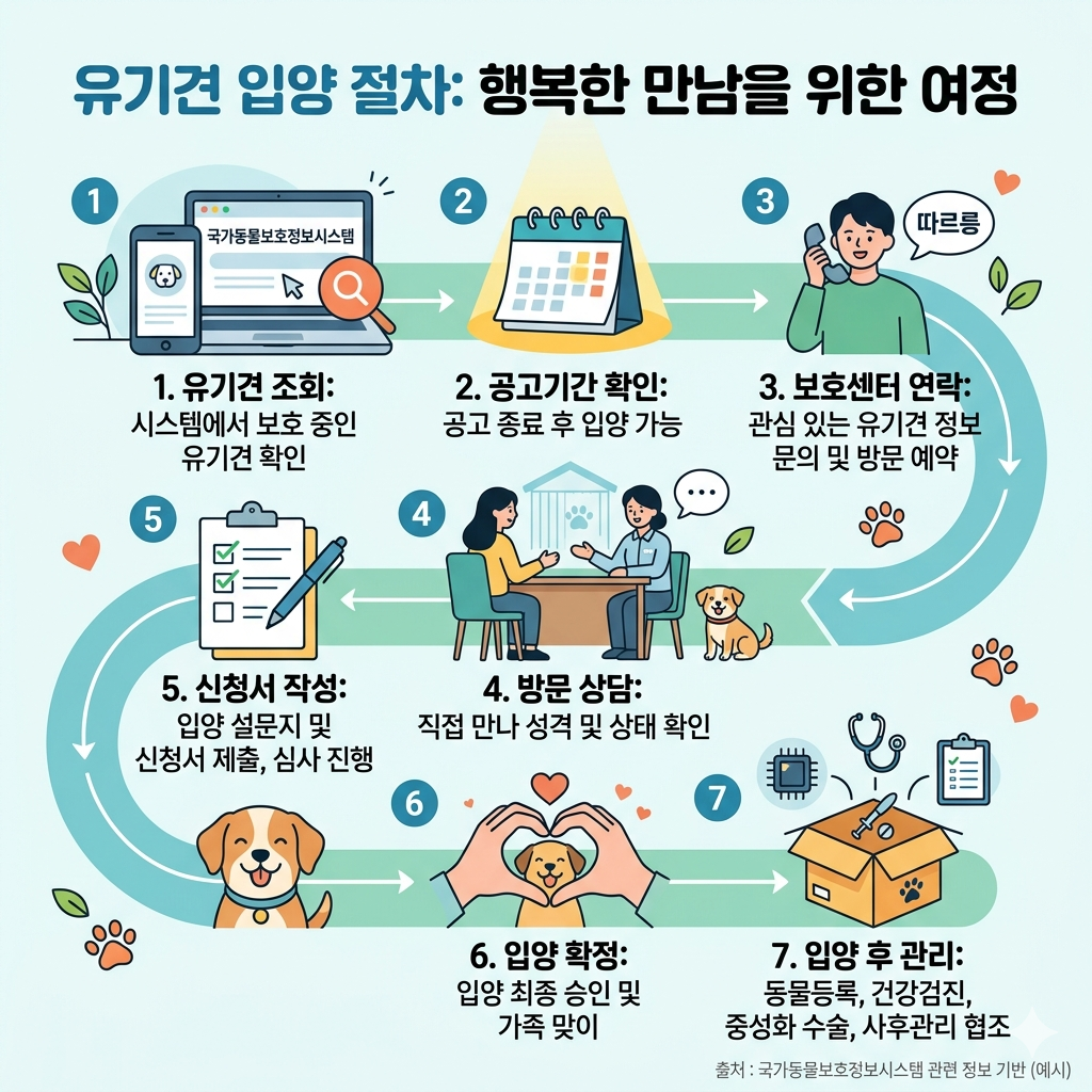 유기견 입양 절차 공식 조회부터 신청, 상담, 등록까지 인포그래픽