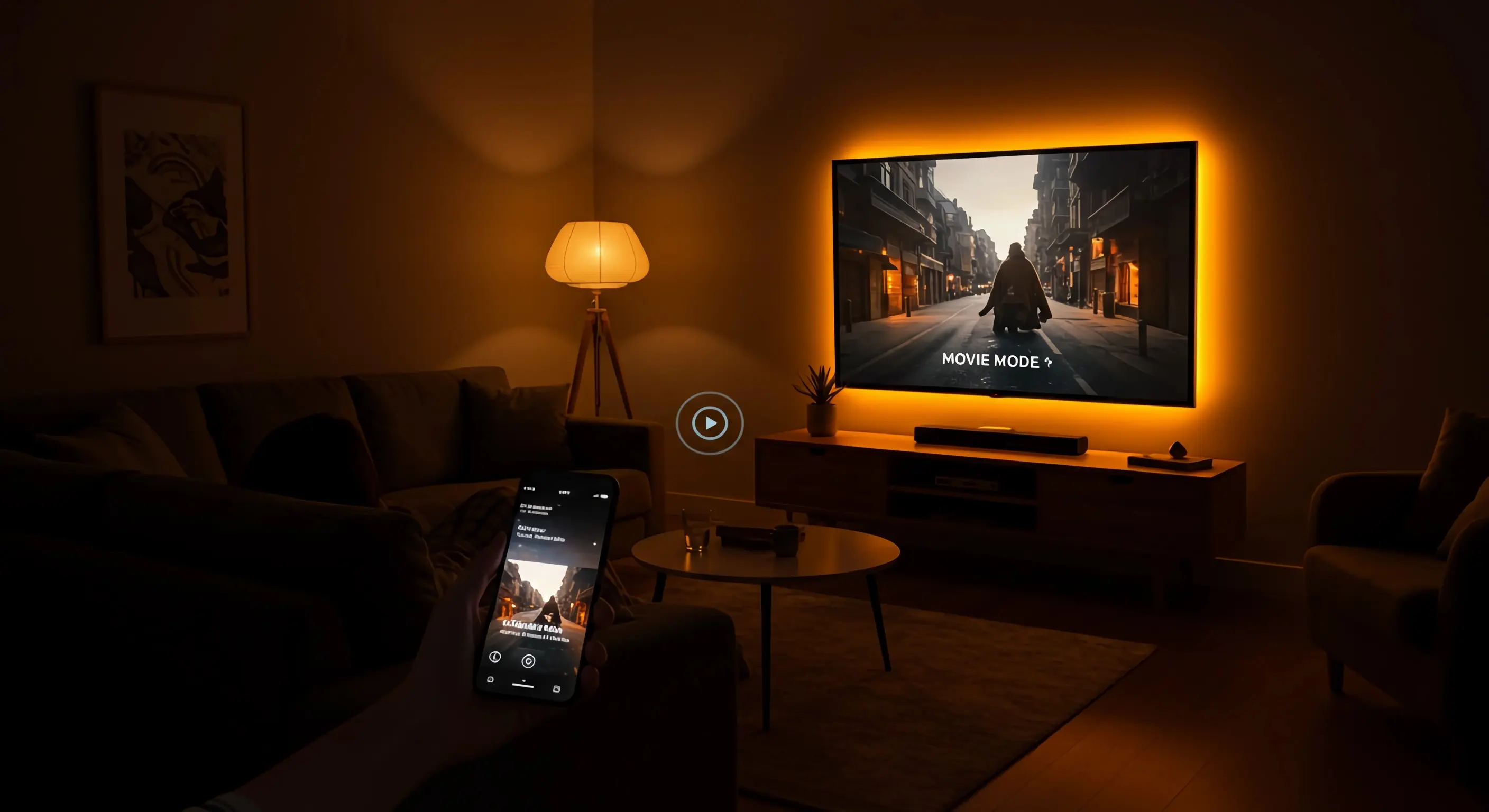 스마트 조명으로 아늑한 분위기를 연출한 재팬디 스타일 거실에서 한 사람이 편안하게 휴식을 취하고 있다.