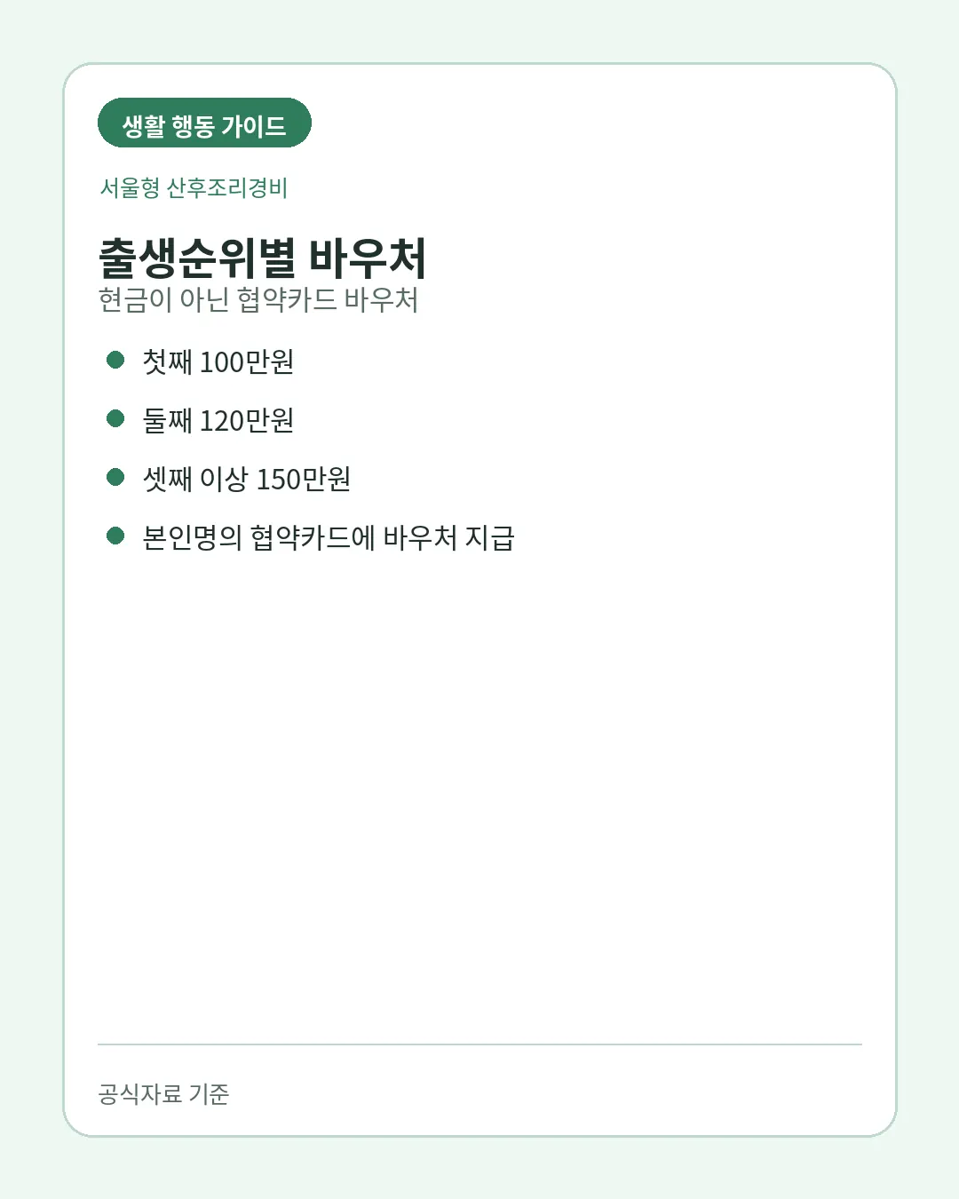 서울형 산후조리경비 출생순위별 협약카드 바우처 금액