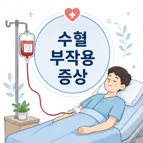 병원 침대에서 수혈을 받는 사람과 혈액백을 단순한 의료 아이콘으로 표현하고 ‘수혈 부작용 증상’이라는 제목을 표시한 대표 이미지