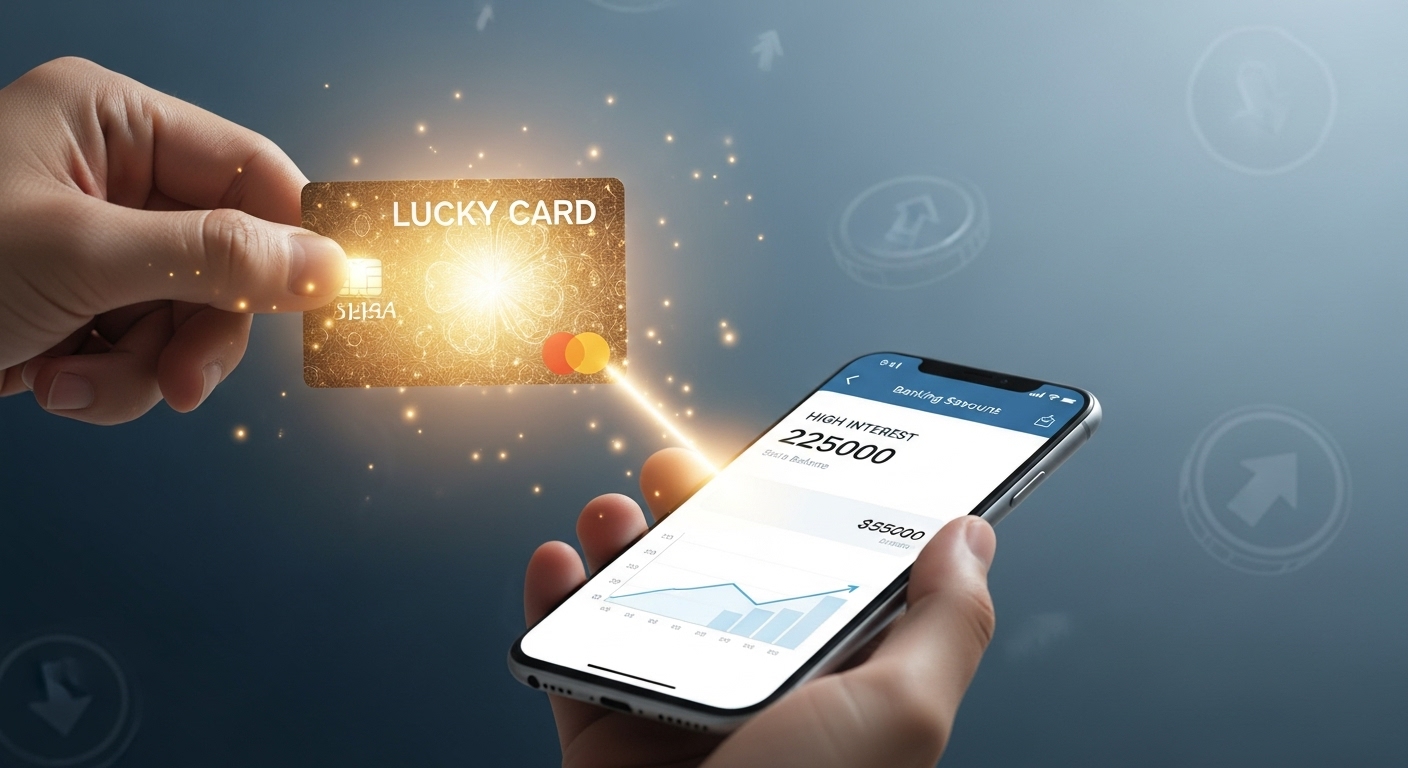 "A visually appealing and professional image representing financial luck and banking technology. A hand holding a glowing 'Lucky Card' that is connected to a smartphone screen displaying a high-interest savings account balance. The background is a sophisticated blue-gray gradient with subtle coin or arrow motifs. Focus on a modern, clean, and trustworthy bank aesthetic."