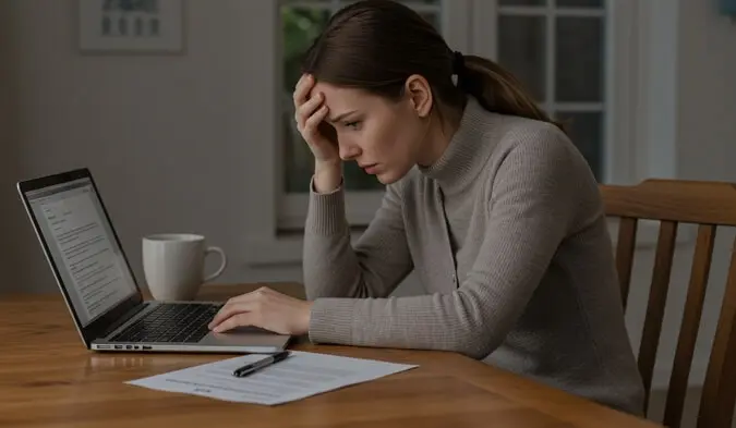 실업급여 신청을 고민하며 노트북 앞에서 걱정하는 여성의 모습
