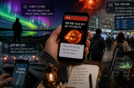 태양 폭풍 소식 이후 오로라를 보기 위해 이동하는 사람들과 공항 일정 확인, GPS 재점검 등의 일상 준비 장면들