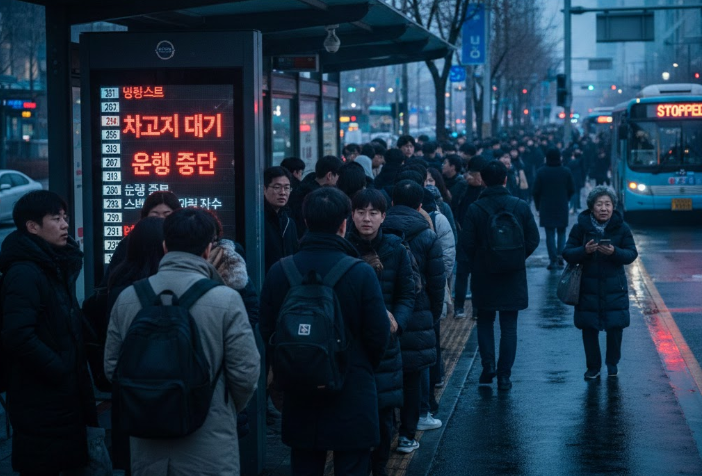 버스파업으로많은사람들이버스정류장에서버스를기다리고있는모습