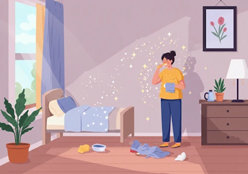감성적인 일러스트 스타일로 그린, 사소한 일상 과제를 해내며 작은 성취감을 느끼는 사람의 모습 일러스트레이션