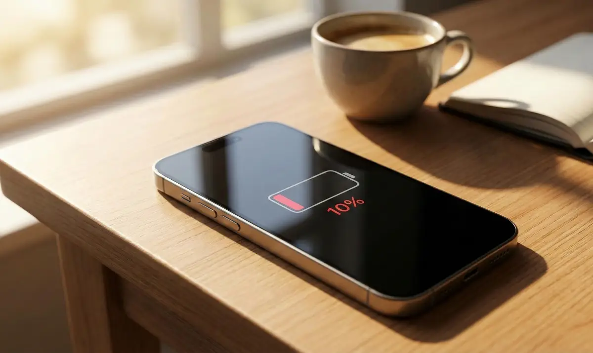 배터리 부족 알림이 뜬 아이폰과 일상적인 데스크 셋업