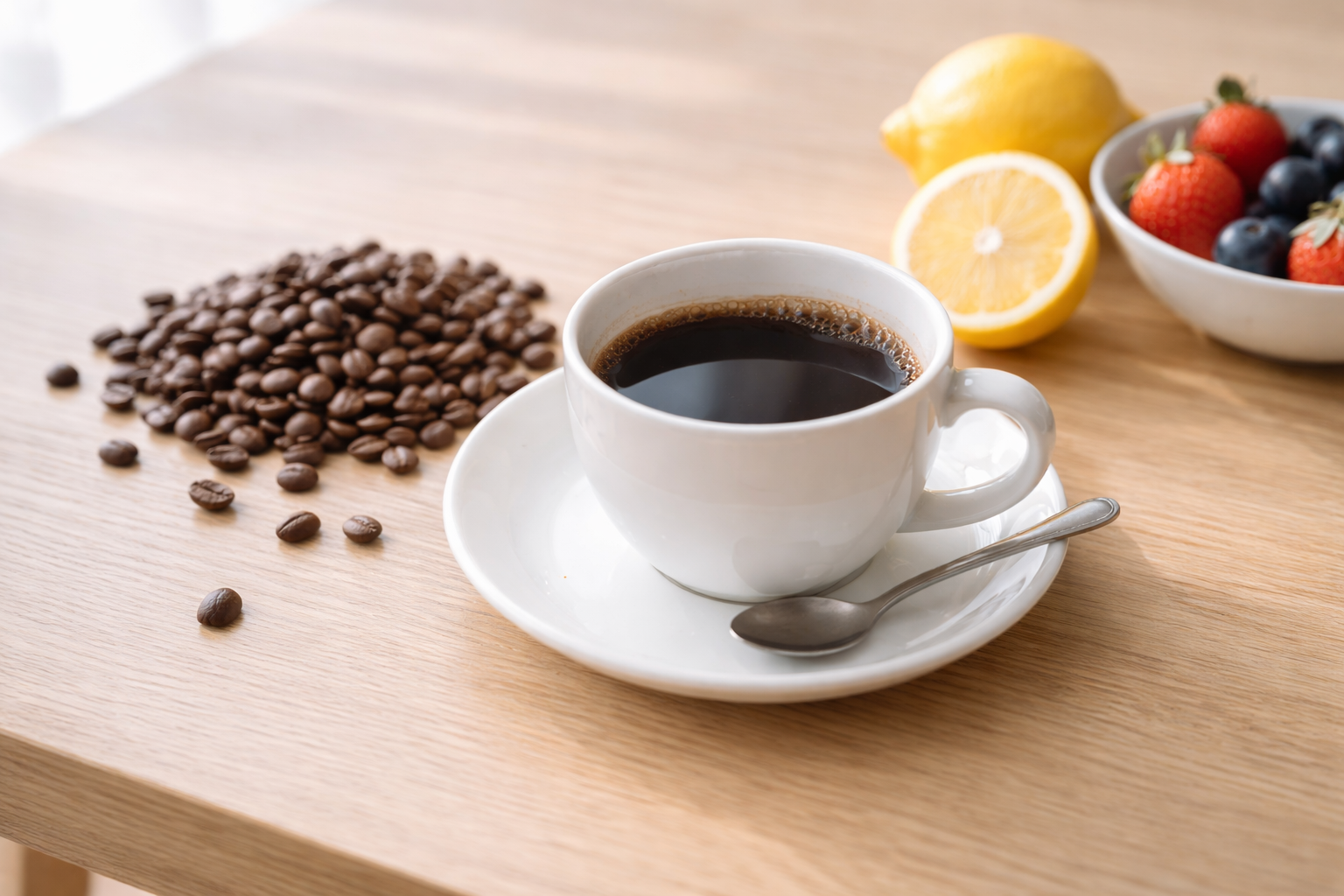 커피의 산미가 과일 향처럼 느껴지는 인상을 떠올리게 하는 커피와 원두 이미지