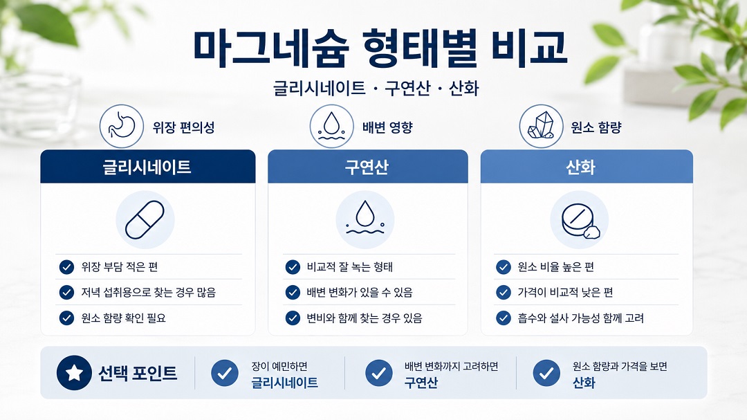 글리시네이트와 구연산, 산화마그네슘의 특징을 비교한 인포그래픽