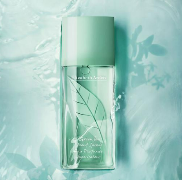 나뭇잎 모양이 그려진 향수병에 들어있는 향수