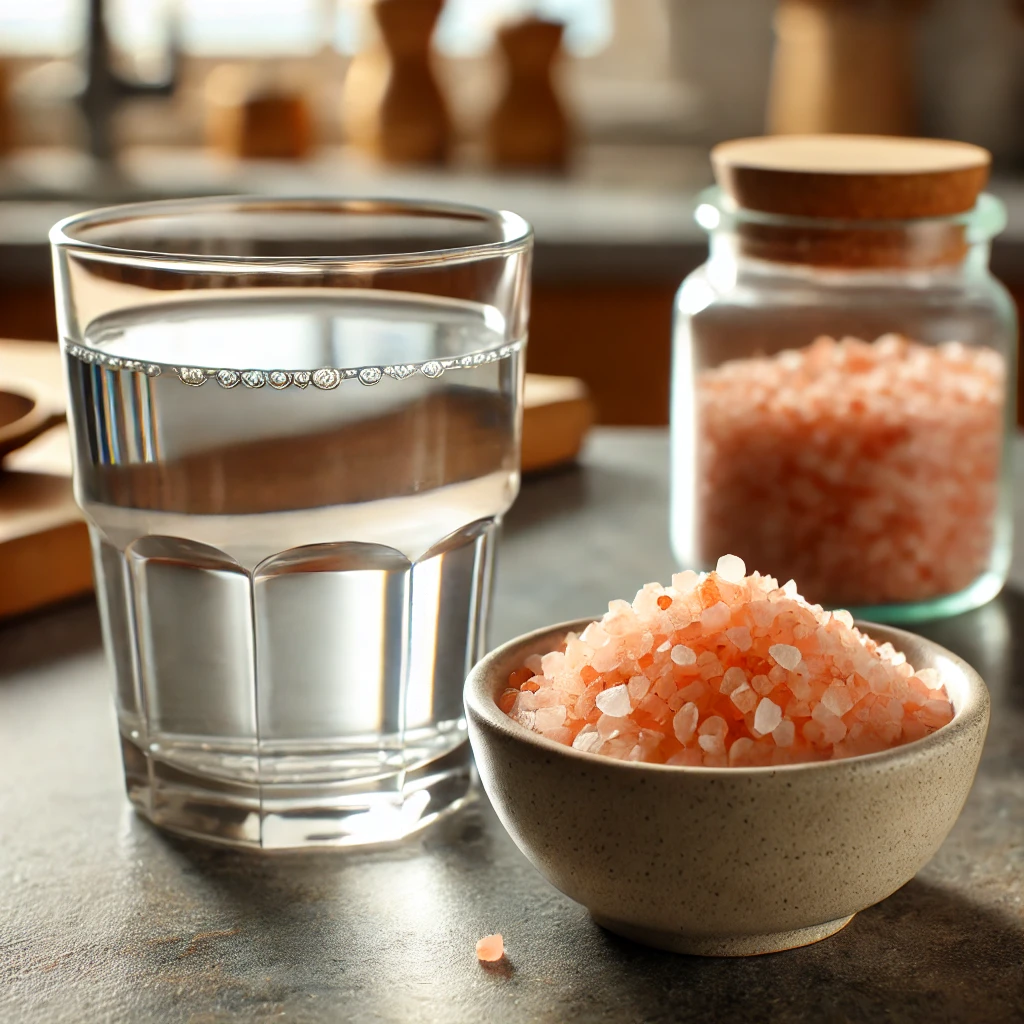 "히말라야 소금이 담긴 작은 그릇과 따뜻한 미네랄 워터 한 잔이 주방 카운터 위에 놓인 모습"