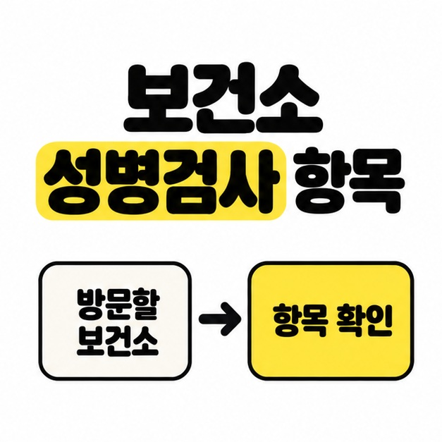 보건소 성병검사 항목 제목 아래 방문할 보건소에서 항목 확인으로 이어지는 화살표.