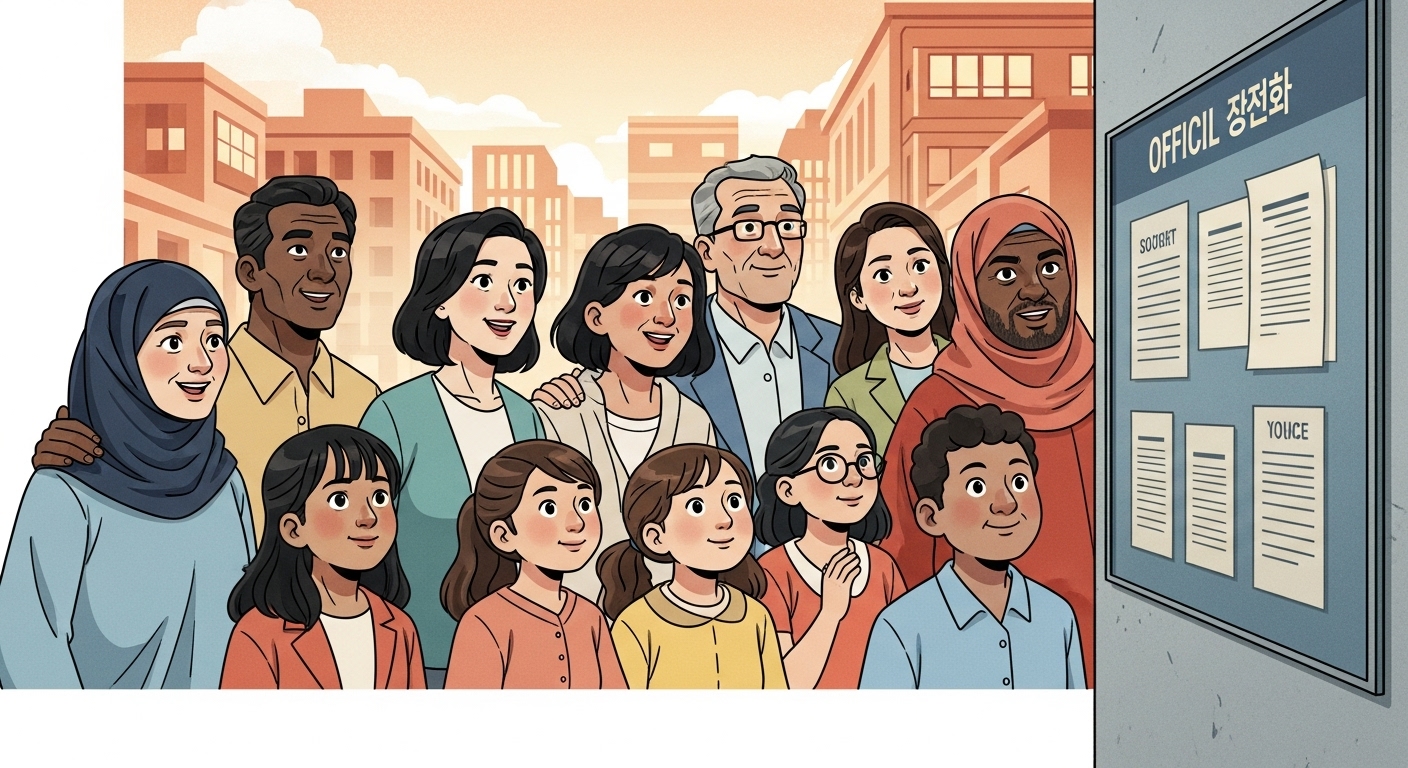 다양한 국적의 사람들이 2025년 3차 민생지원금 신청 공고문을 희망적으로 바라보는 모습.