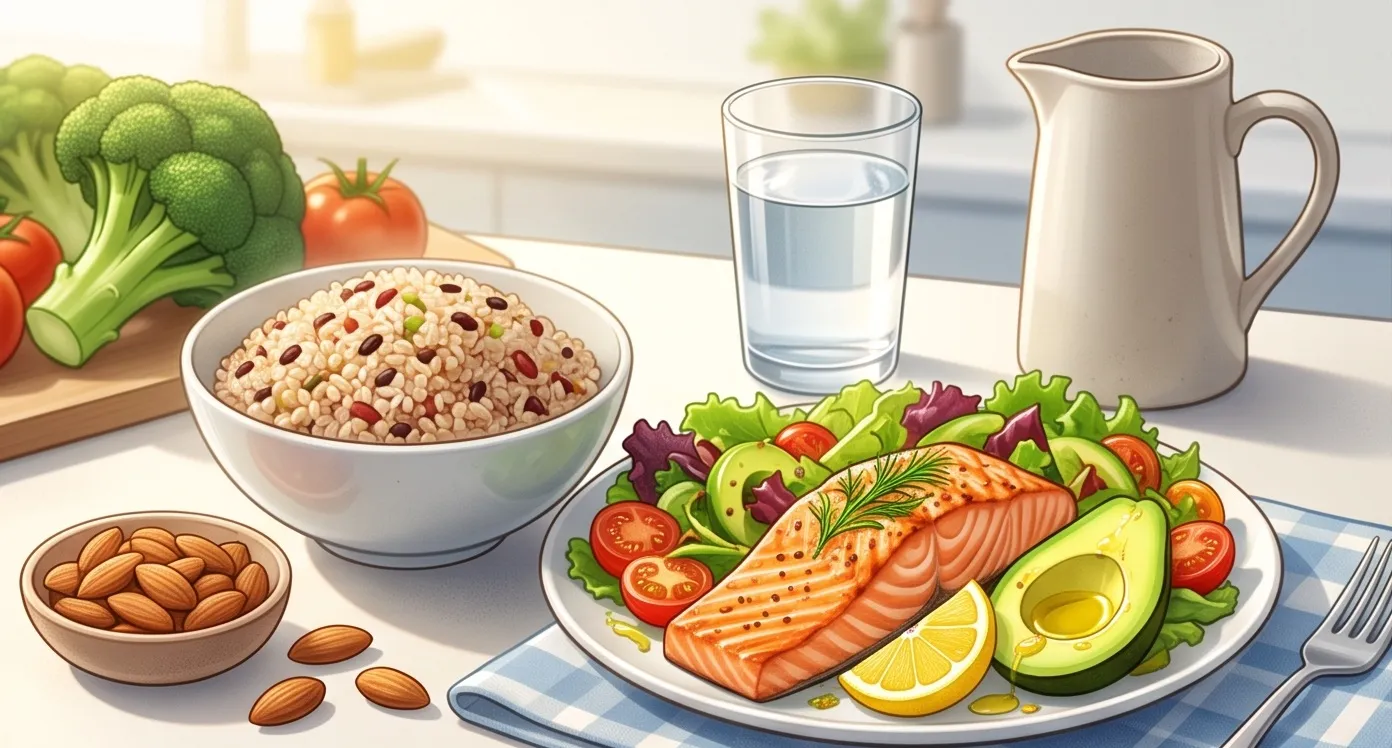 연어구이, 아보카도 샐러드, 잡곡밥, 아몬드 등 비알콜성 지방간에 좋은 건강 식단