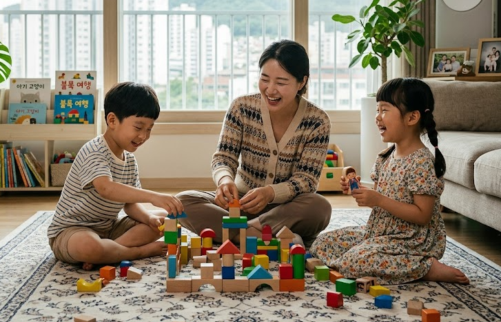 아이돌봄서비스-아이돌봄사와 놀고 있는아이들